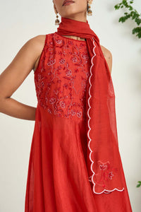 Red Silk Chanderi Embroidered Kurta Set