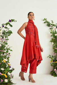 Red Silk Chanderi Embroidered Kurta Set