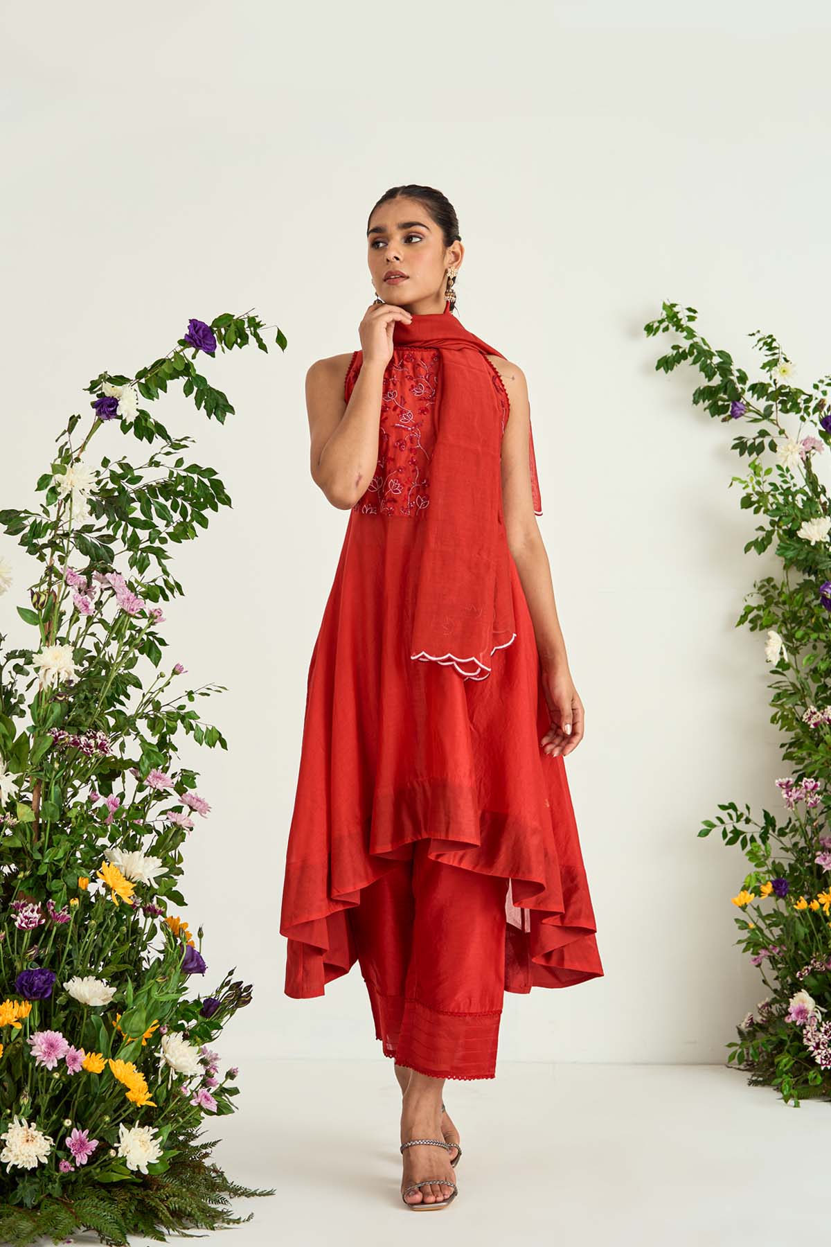 Red Silk Chanderi Embroidered Kurta Set