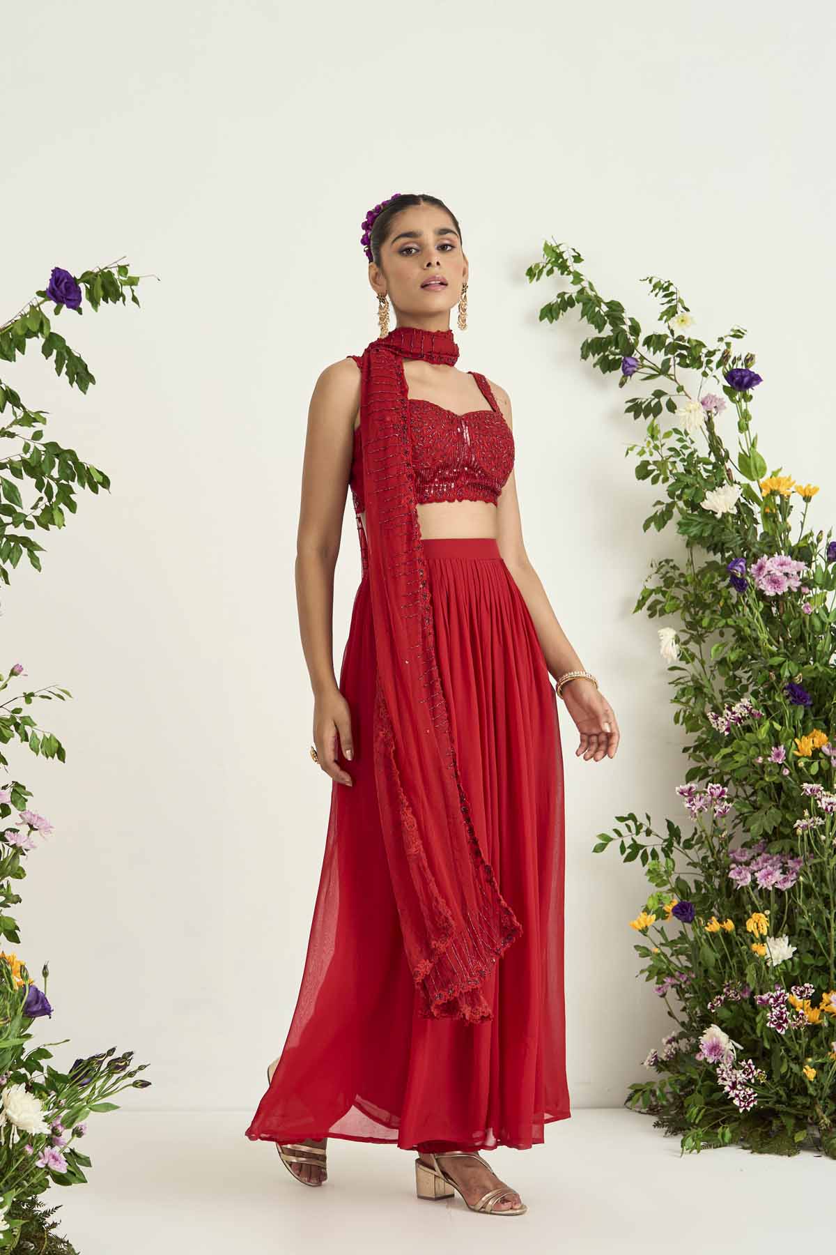 Red Georgette Flared Pant Set