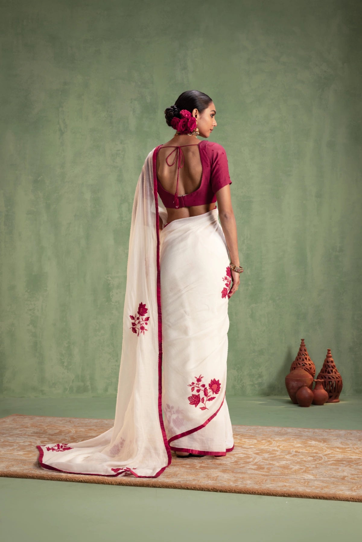 Ivory Chanderi Silk Saree with Red Floral Embroidery