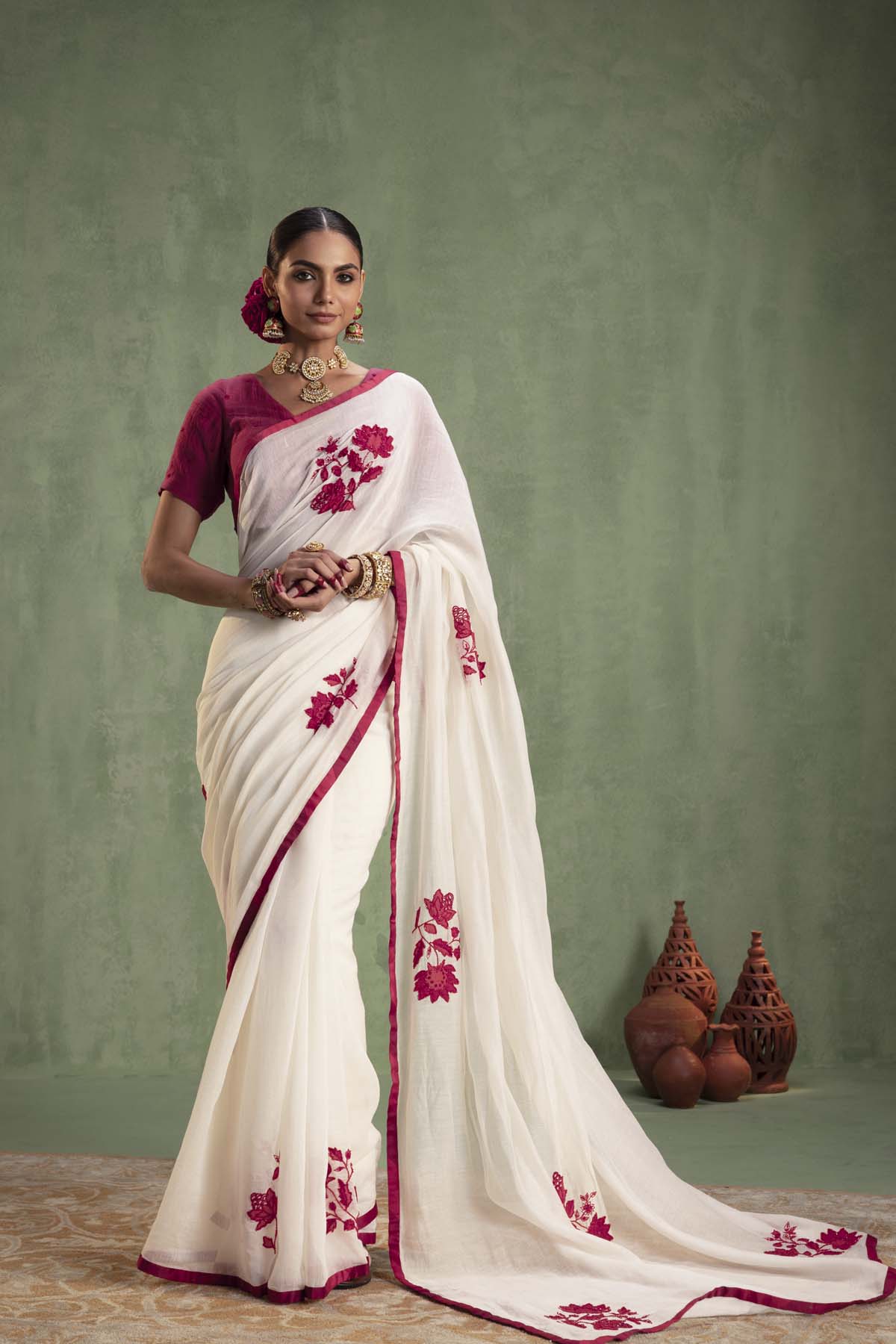 Ivory Chanderi Silk Saree with Red Floral Embroidery