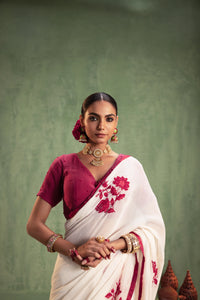 Ivory Chanderi Silk Saree with Red Floral Embroidery