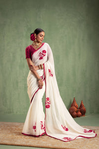 Ivory Chanderi Silk Saree with Red Floral Embroidery