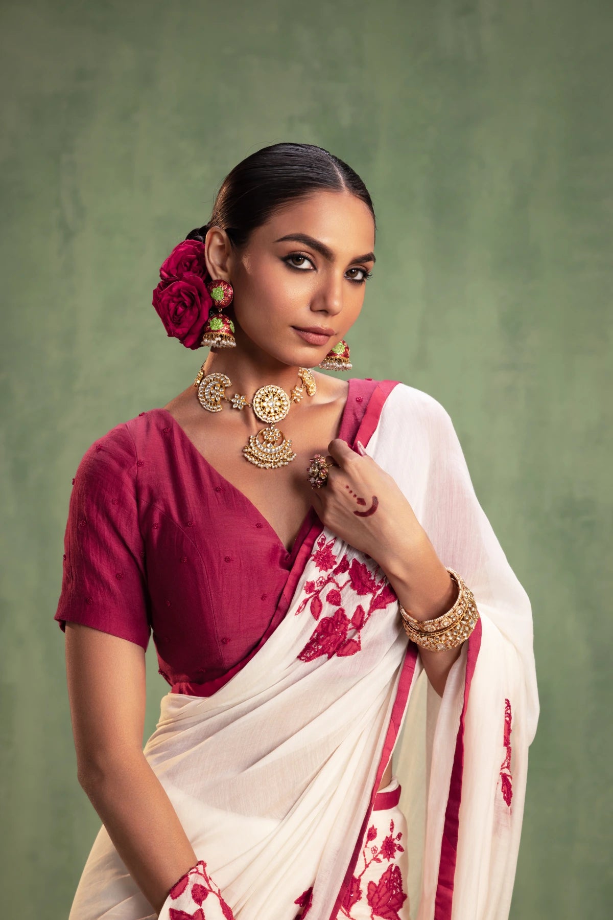 Ivory Chanderi Silk Saree with Red Floral Embroidery