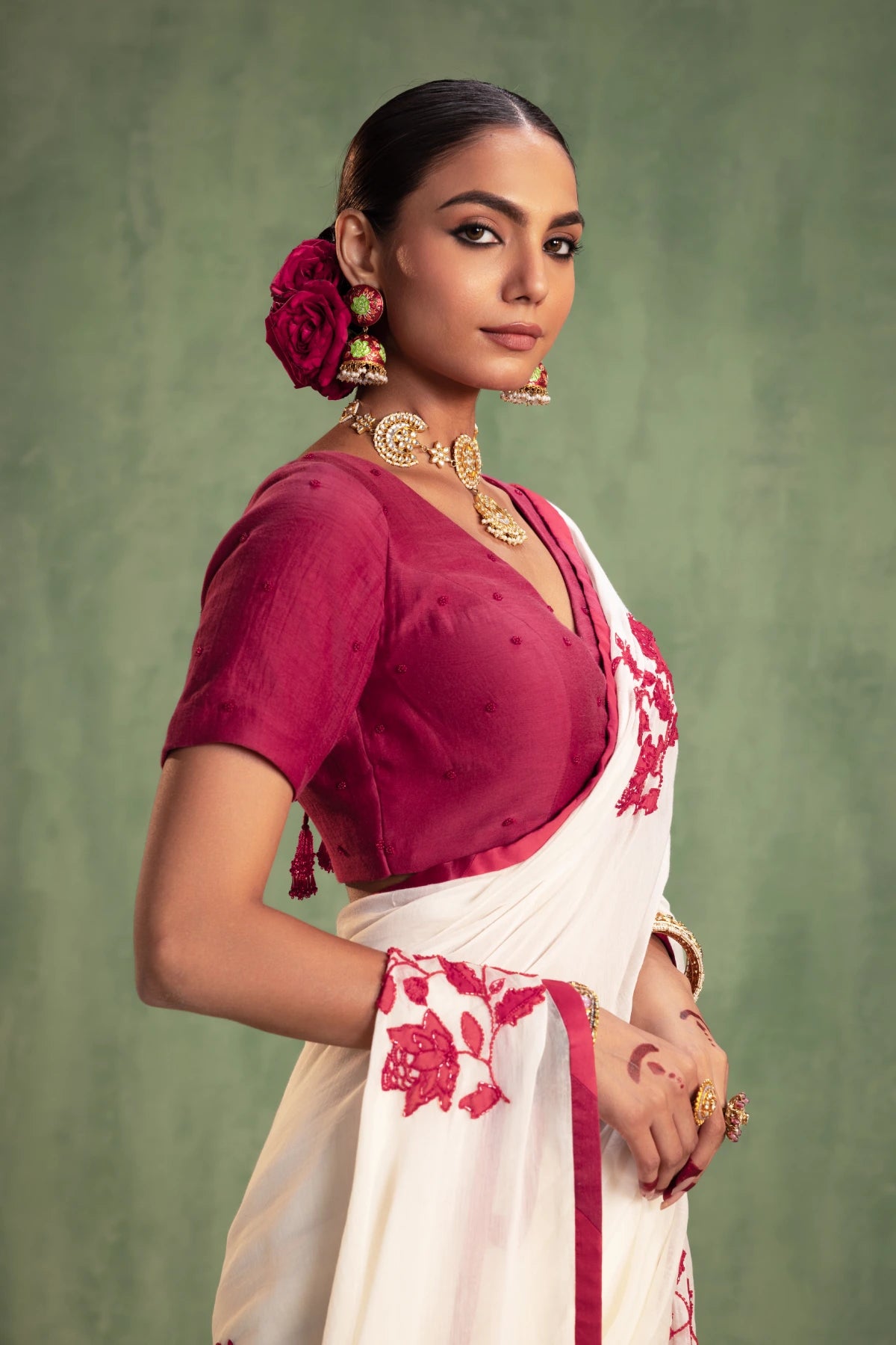 Ivory Chanderi Silk Saree with Red Floral Embroidery