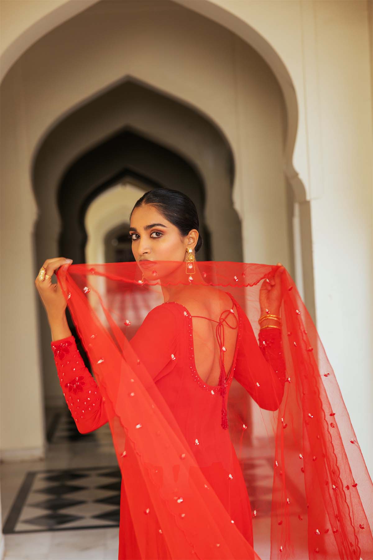 Red Embellished Anarkali Set In Georgette