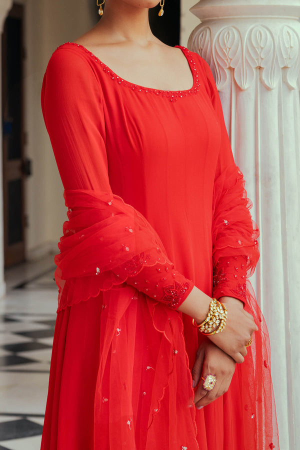 Red Embellished Anarkali Set In Georgette