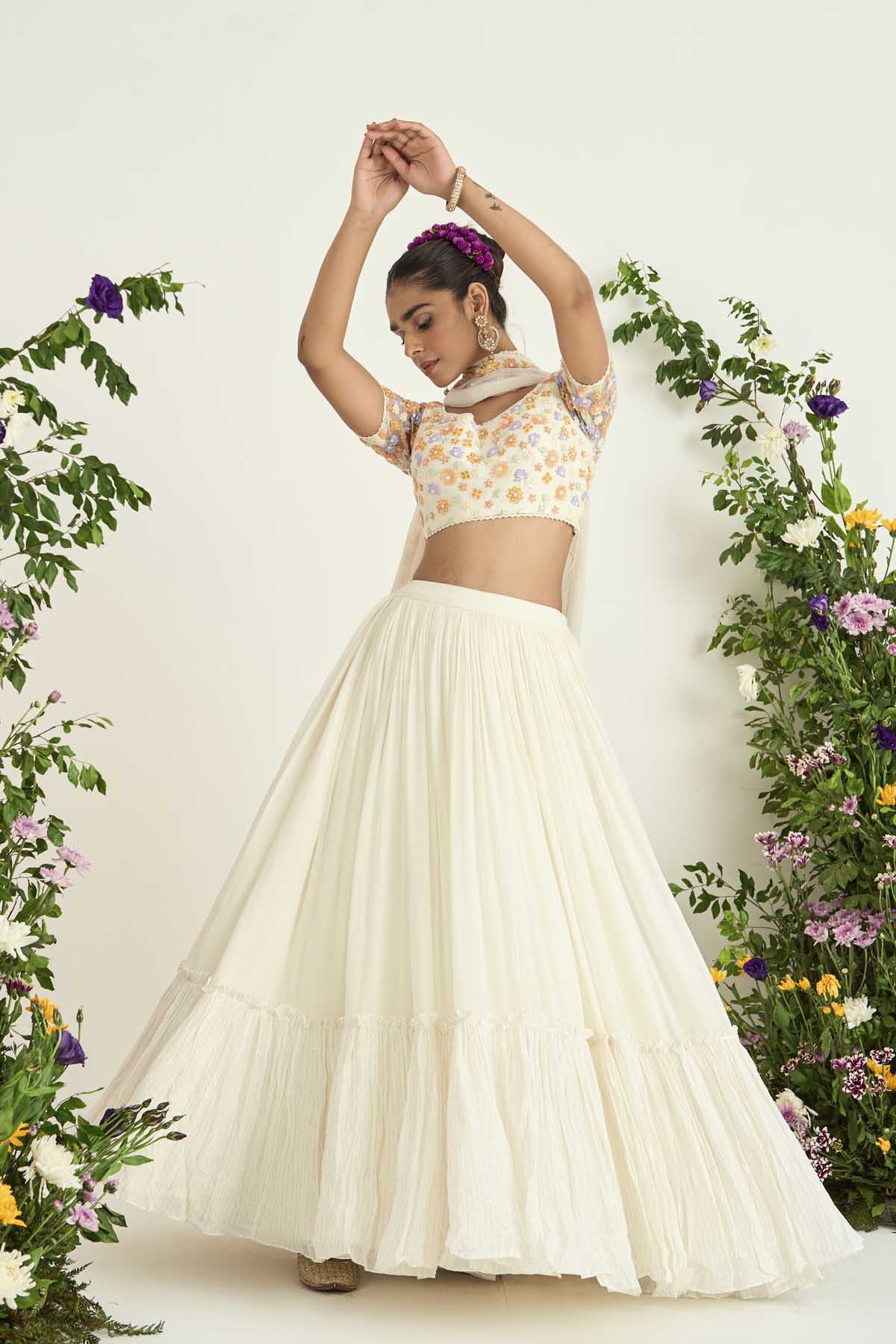 Ivory Silk Chanderi and Georgette Lehenga Set