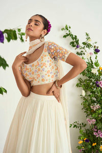 Ivory Silk Chanderi and Georgette Lehenga Set