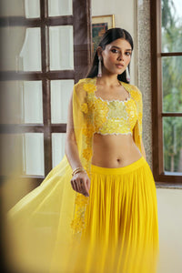 Yellow Organza Hand Embellished Cape Set