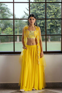 Yellow Organza Hand Embellished Cape Set