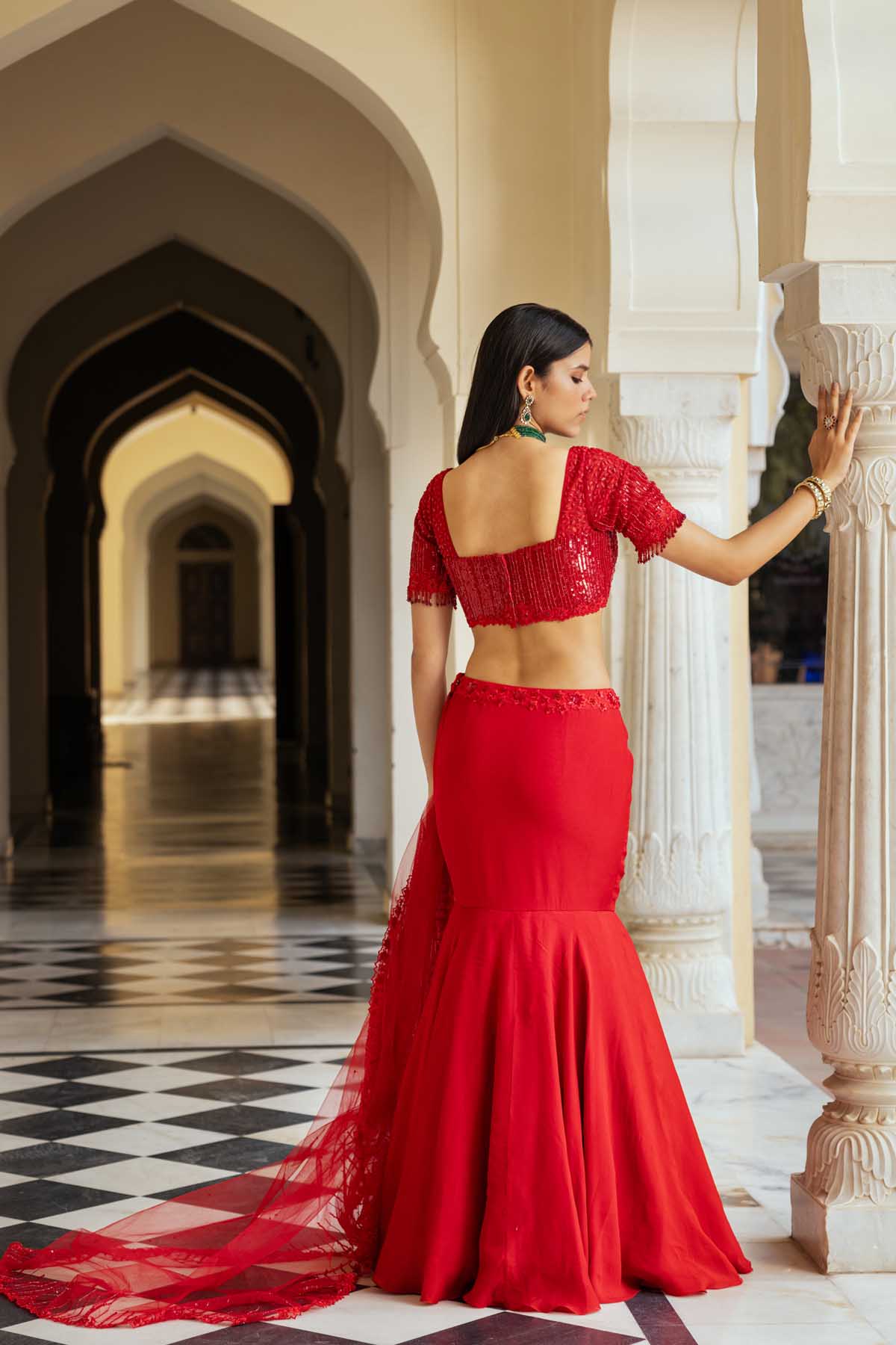 Red Organza Mermaid Lehenga Set