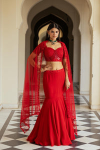 Red Organza Mermaid Lehenga Set