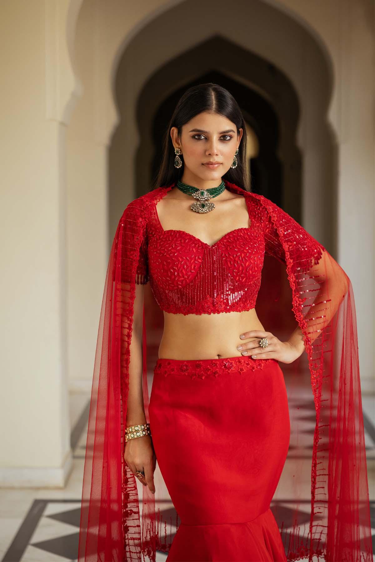 Red Organza Mermaid Lehenga Set