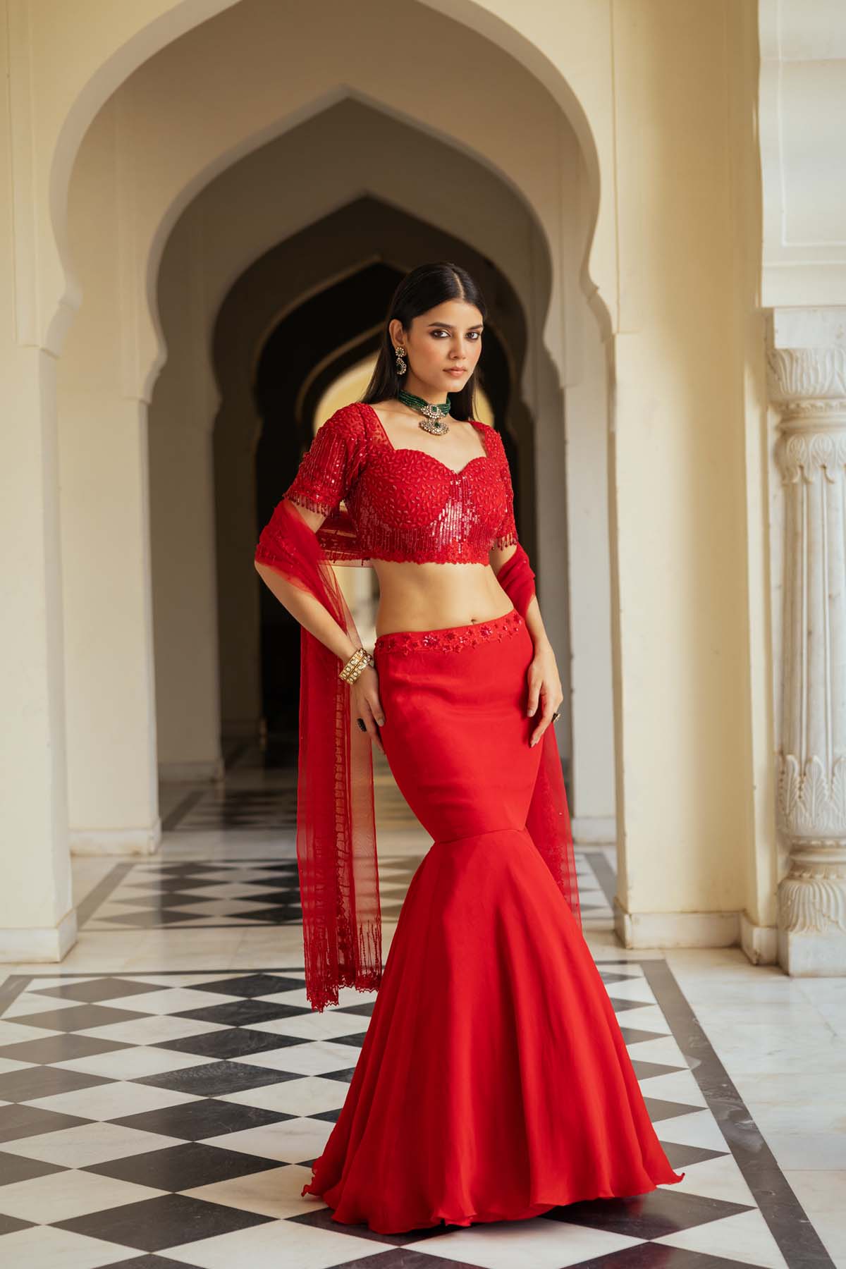 Red Organza Mermaid Lehenga Set