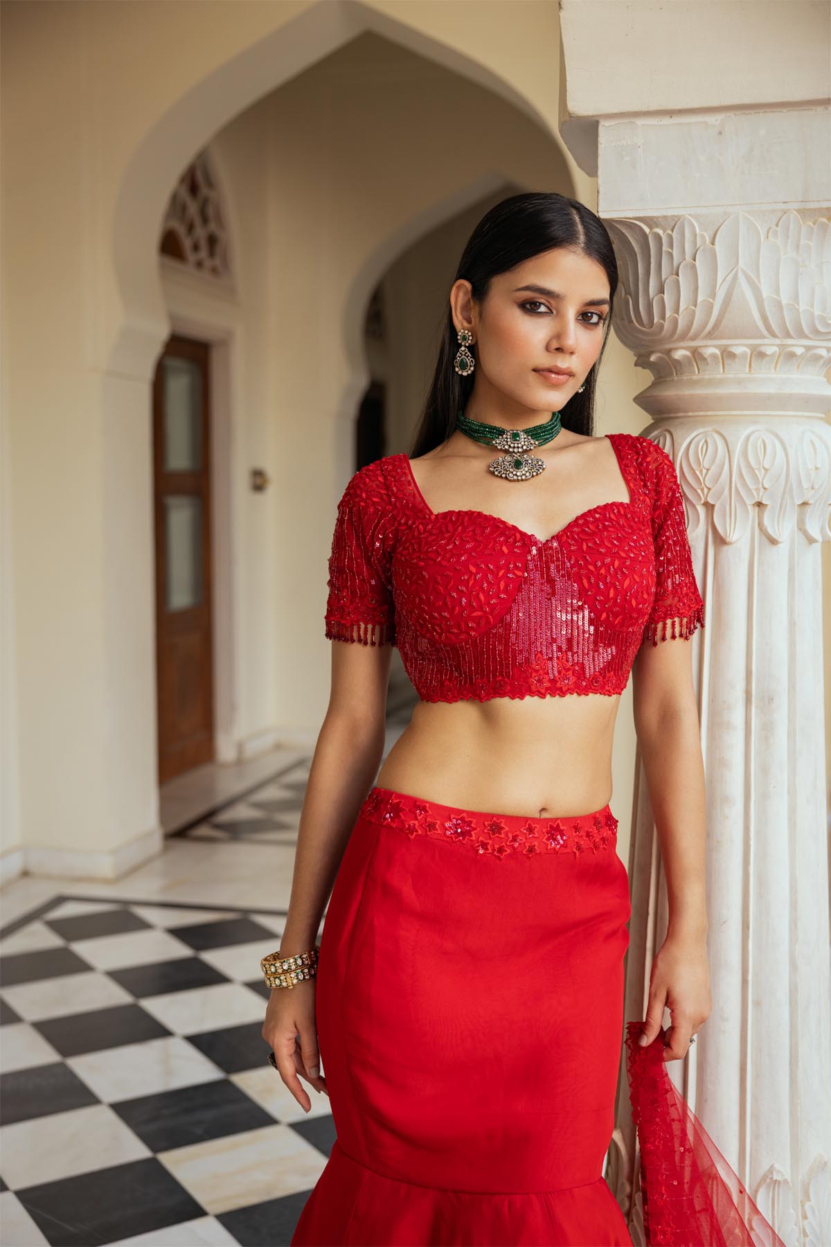 Red Organza Mermaid Lehenga Set