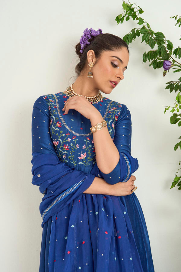 Persian Blue Anarkali Set in Silk Chanderi