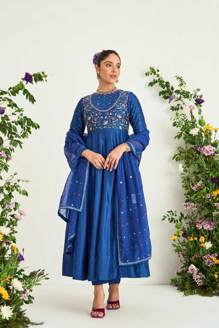 Persian Blue Anarkali Set in Silk Chanderi