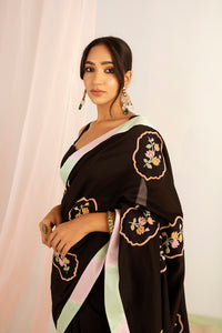 Black Silk Chanderi Hand Embroidery Saree Set