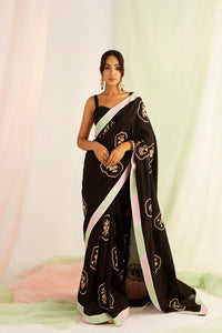 Black Silk Chanderi Hand Embroidery Saree Set