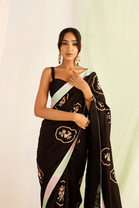 Black Silk Chanderi Hand Embroidery Saree Set