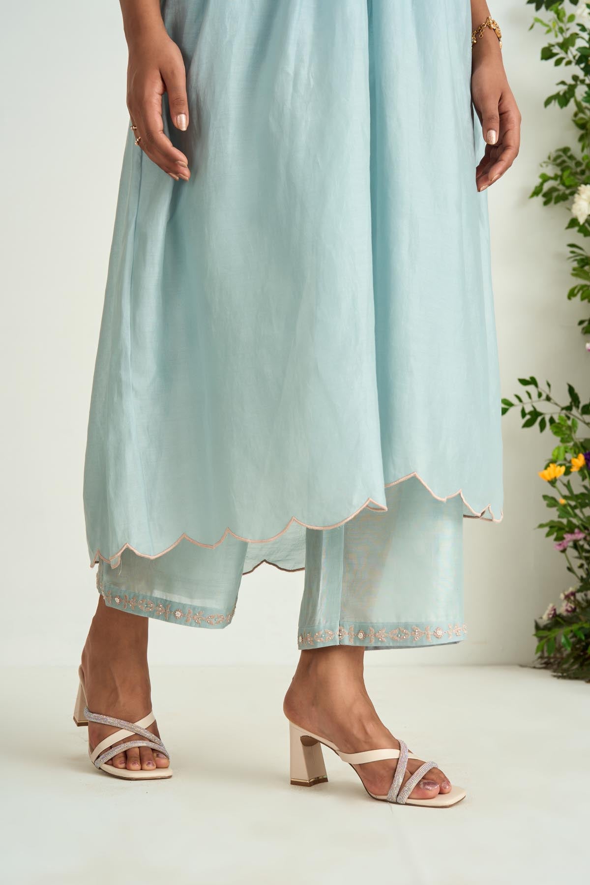 Ice Blue Silk Chanderi Embroidered Kurta Set