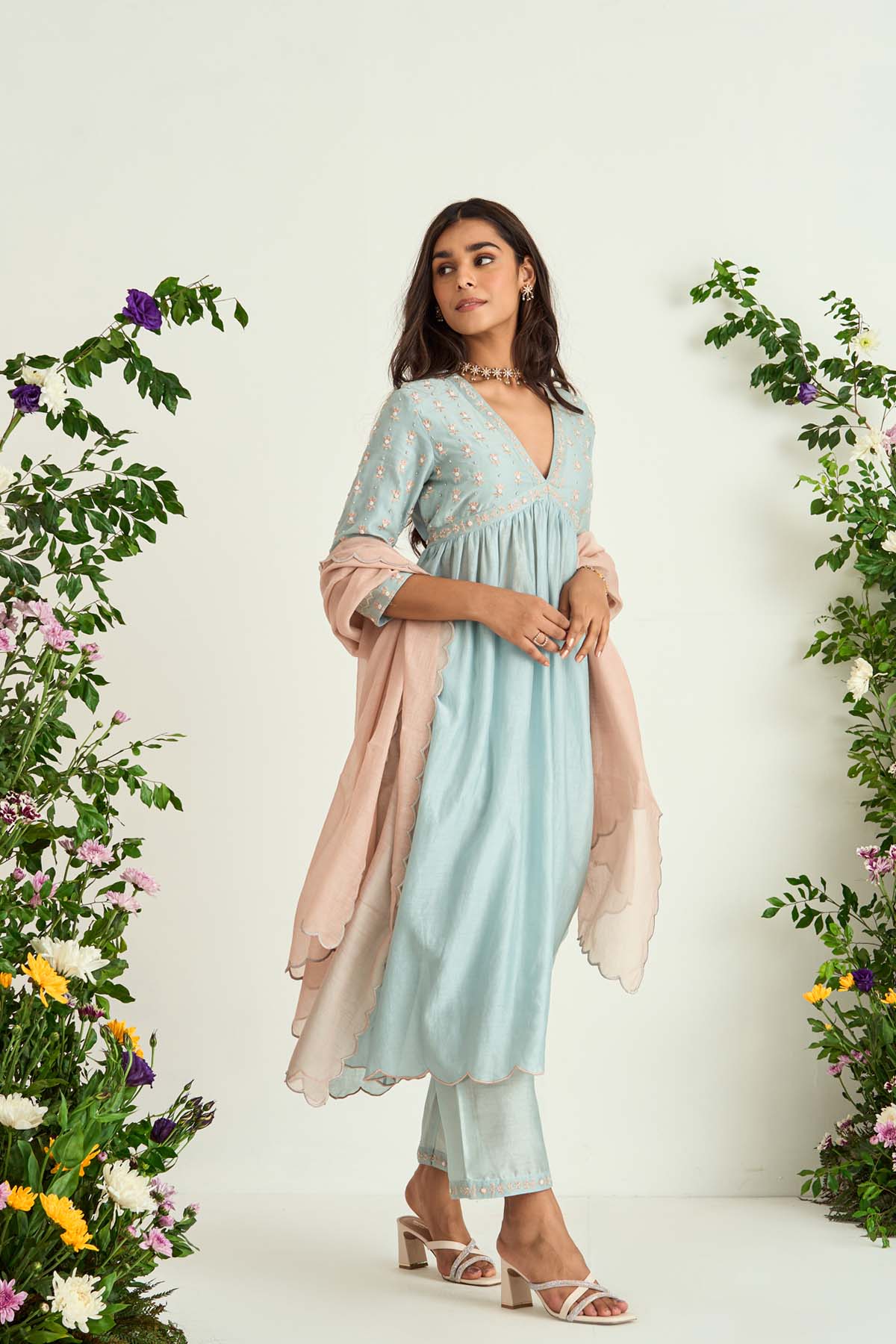 Ice Blue Silk Chanderi Embroidered Kurta Set