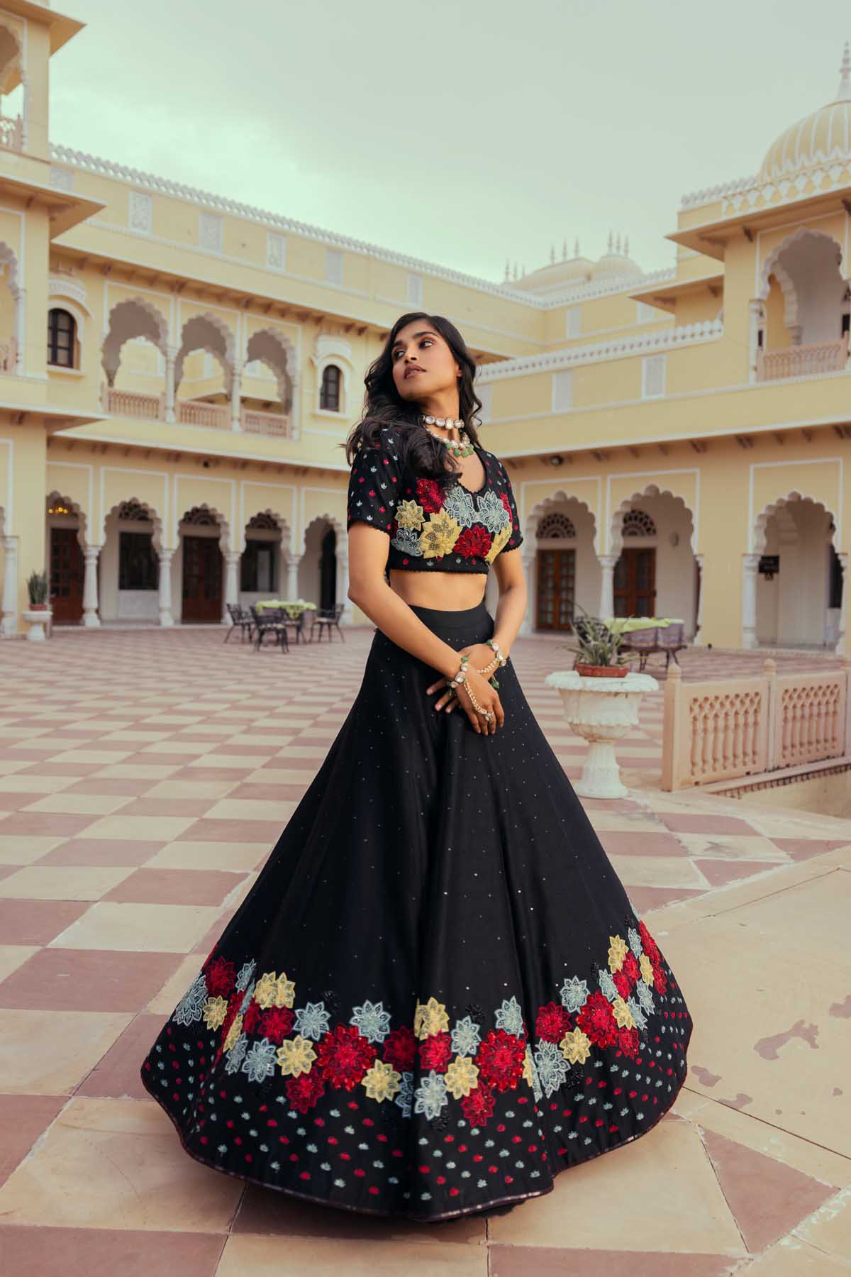 Black Silk Chanderi Patchwork Embroidered Lehenga Set