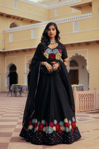 Black Silk Chanderi Patchwork Embroidered Lehenga Set