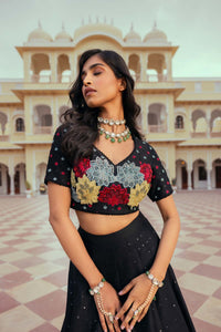 Black Silk Chanderi Patchwork Embroidered Lehenga Set