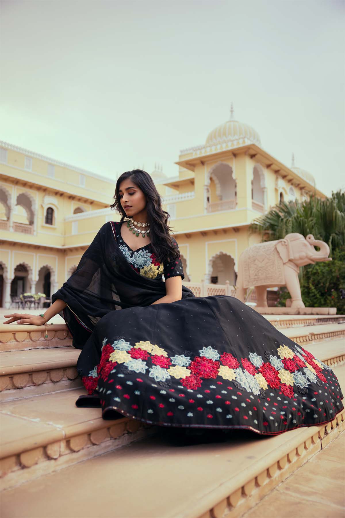 Black Silk Chanderi Patchwork Embroidered Lehenga Set