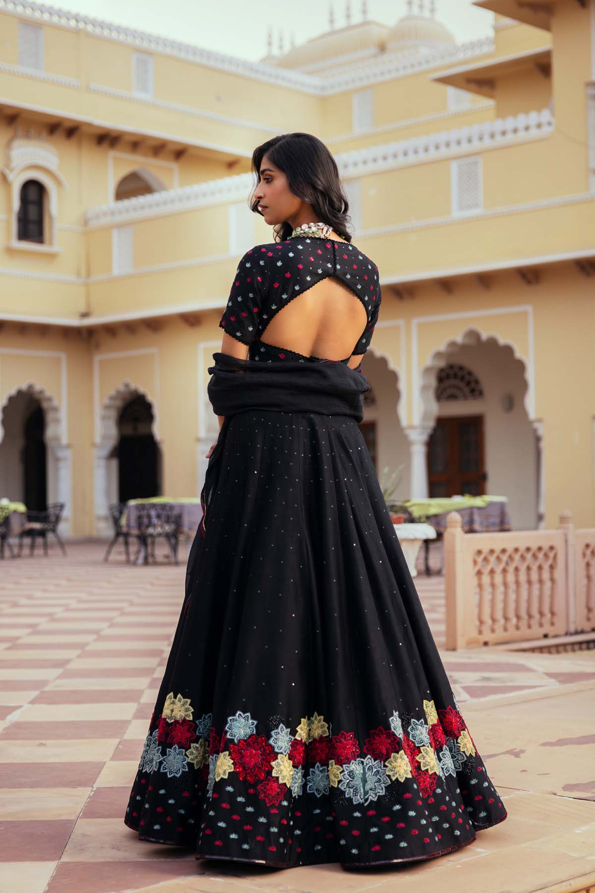 Black Silk Chanderi Patchwork Embroidered Lehenga Set