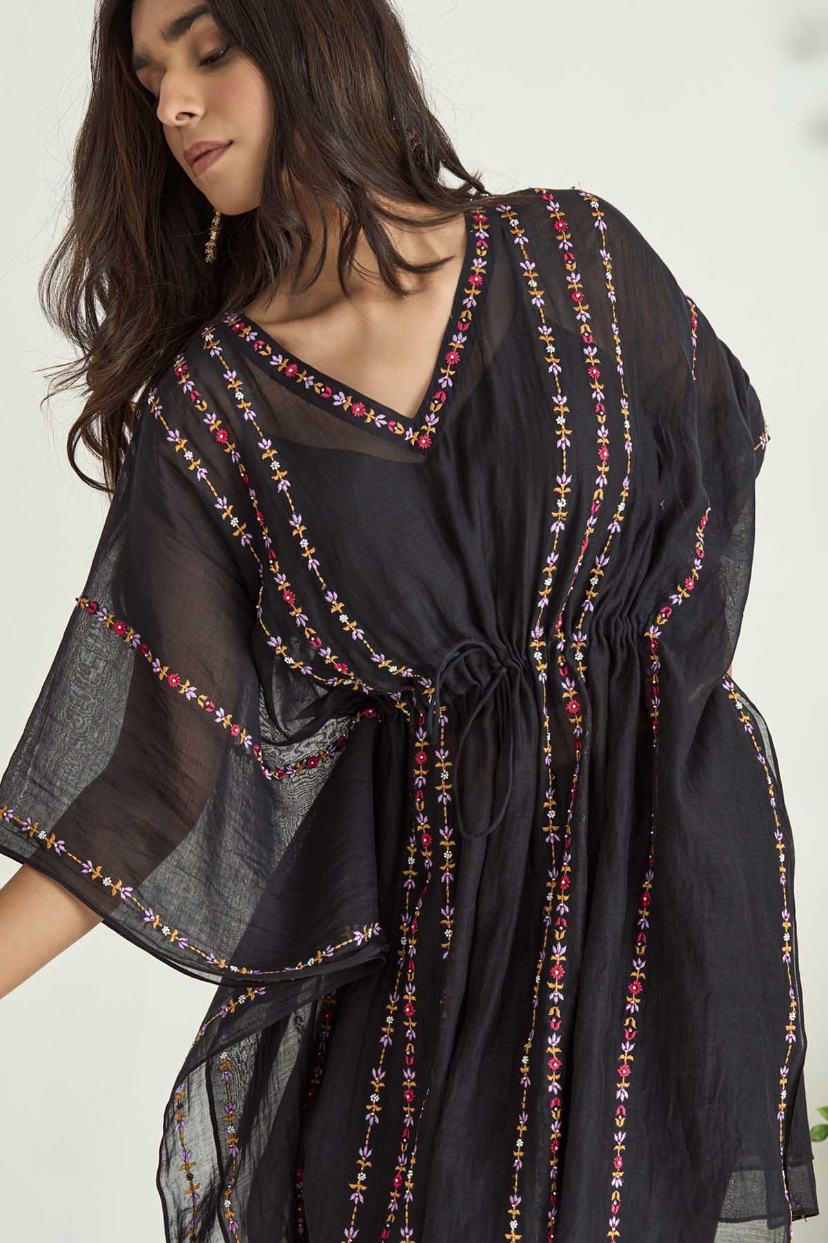 Black Silk Chanderi Embroidered Kaftan