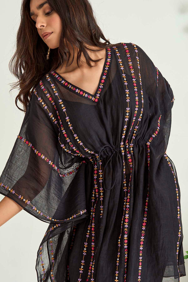 Black Silk Chanderi Embroidered Kaftan