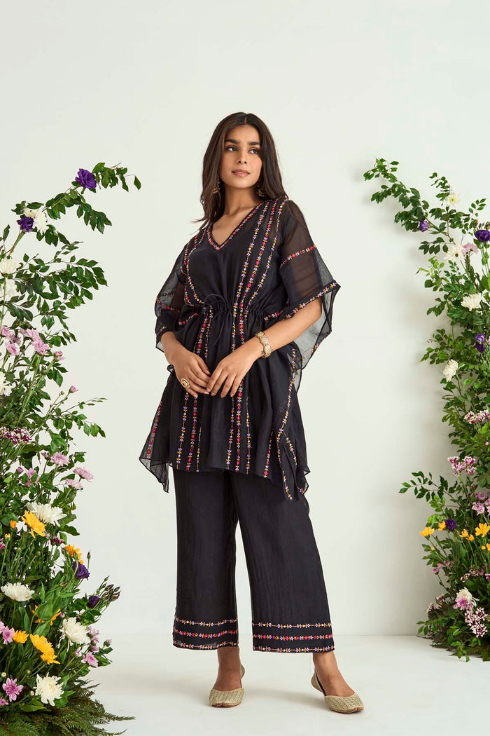 Black Silk Chanderi Embroidered Kaftan Set