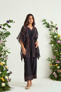 Black Silk Chanderi Embroidered Kaftan Set