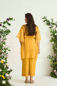 Yellow Silk Chanderi Embroidered Kaftan Set