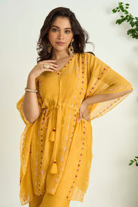 Yellow Silk Chanderi Embroidered Kaftan