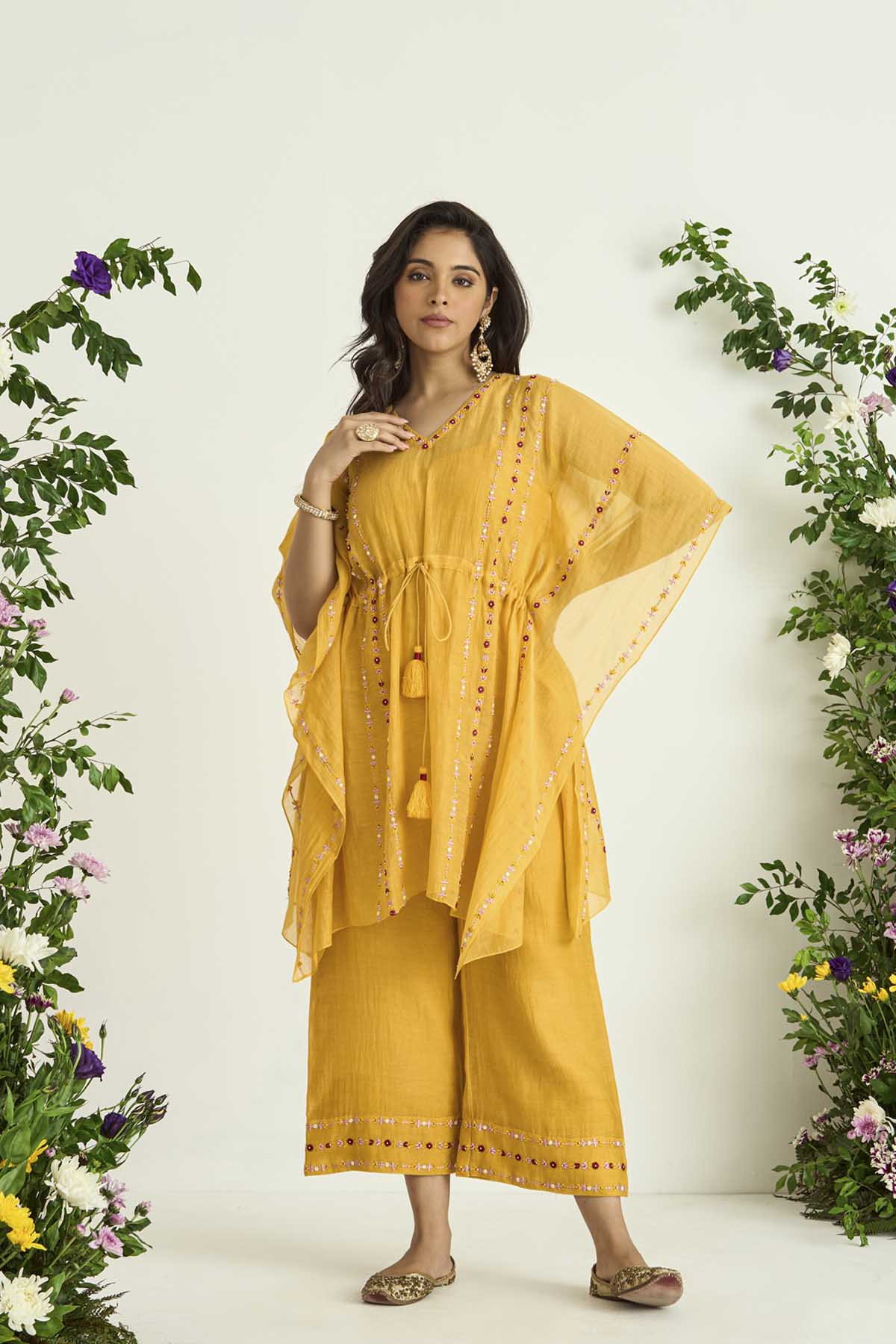 Yellow Silk Chanderi Embroidered Kaftan