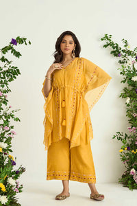 Yellow Silk Chanderi Embroidered Kaftan Set