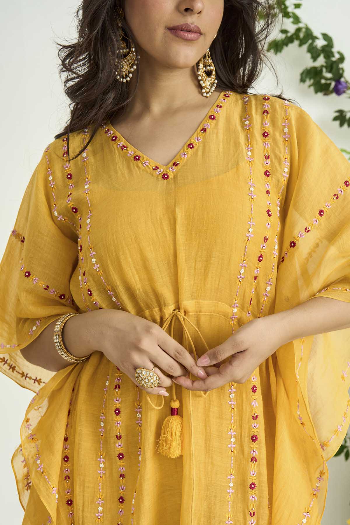 Yellow Silk Chanderi Embroidered Kaftan Set