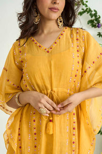 Yellow Silk Chanderi Embroidered Kaftan