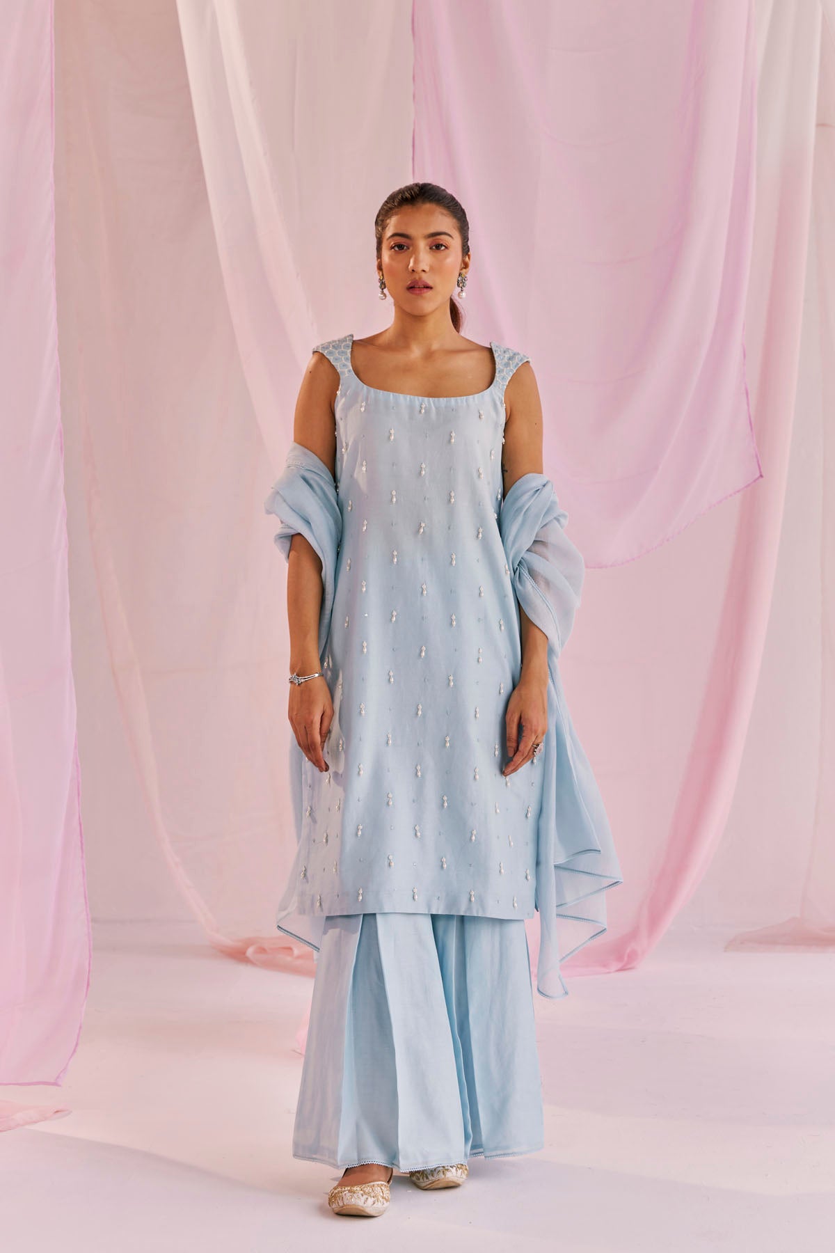 Ice Blue Silk Chanderi Pleated Sharara Set