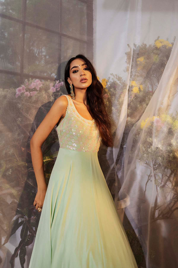 Mint green embroidered anarkali gown