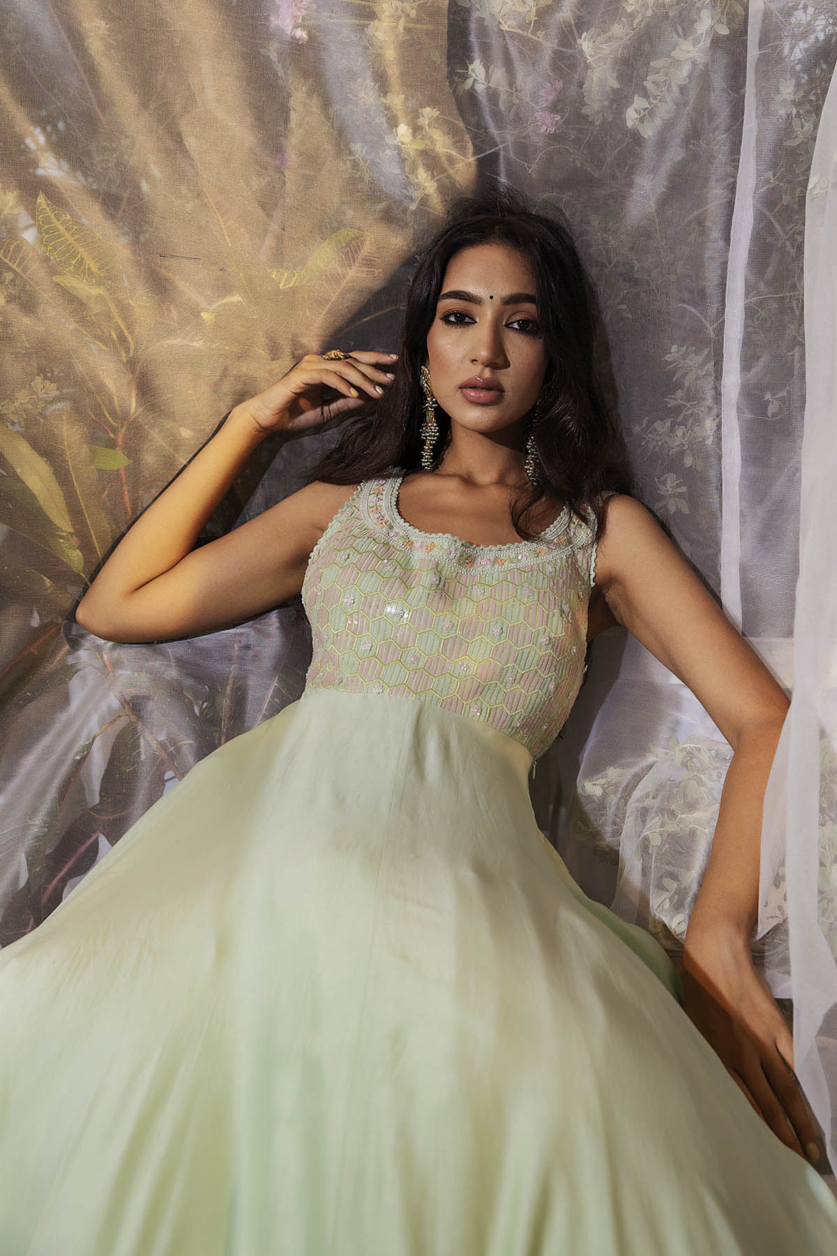 Mint green embroidered anarkali gown