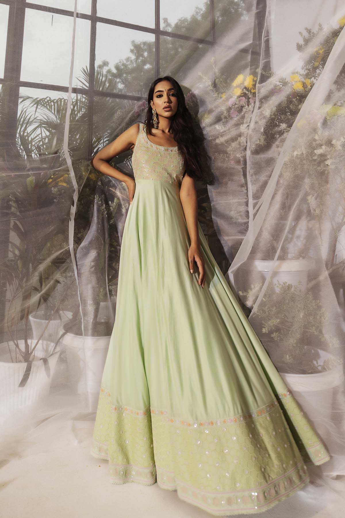 Mint green embroidered anarkali gown