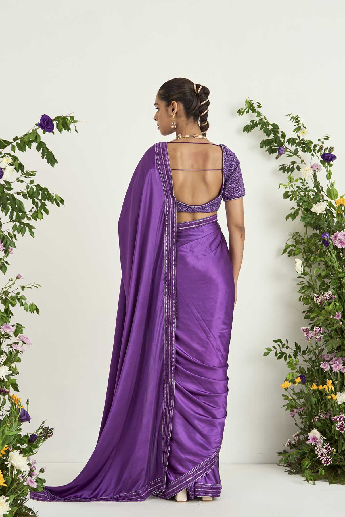 Purple Satin Embroidered Saree Set