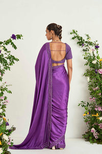 Purple Satin Embroidered Saree Set