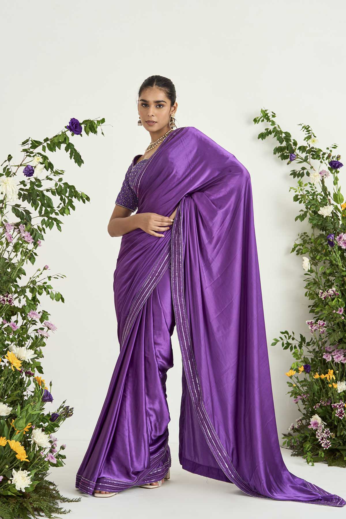 Purple Satin Embroidered Saree Set